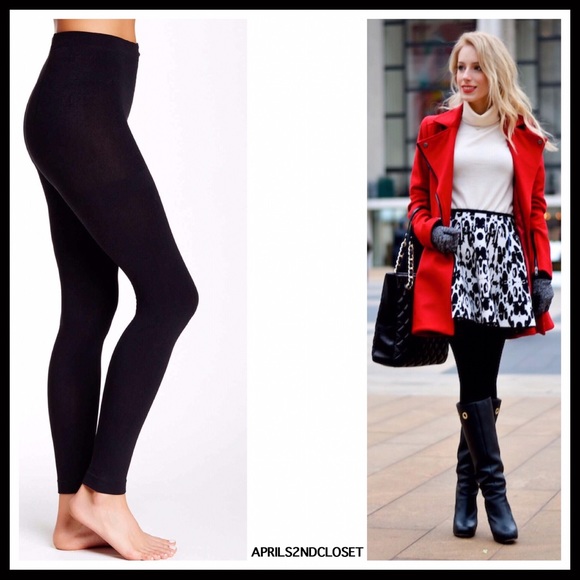 BLACK FLEECE LINED LEGGINGS FOOTLESS TIGHTS - Picture 5 of 8